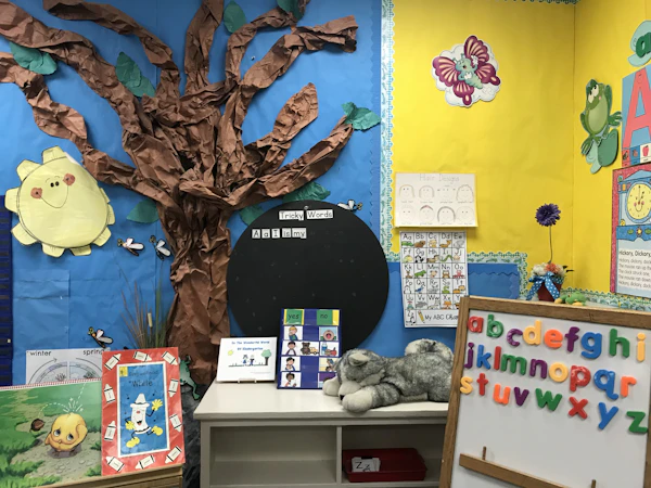 Colorful classroom toys on shelf