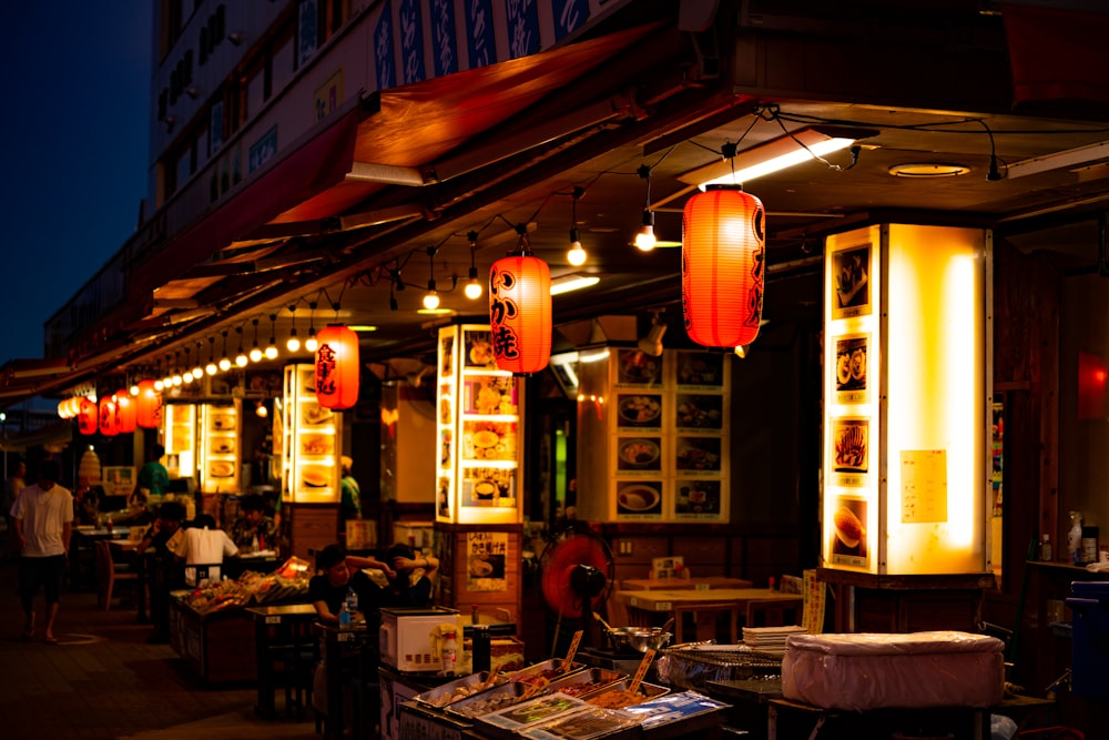 restaurant with pendant lamps and tables