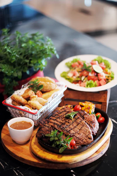 Grilled meat with vegetables served on a rustic wooden tray, evoking hearty American home cooking