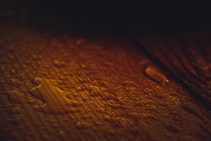 Close-up photorealistic image of water on hardwood floor being dried with professional restoration equipment, subtle reflections