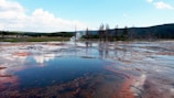 A geothermal area with a reflective pool of water featuring vibrant colors ranging from blue to orange. In the background, a few leafless trees stand against the horizon, along with a plume of steam rising from the ground. The sky is partly cloudy and the surrounding landscape includes forested hills and open grassy fields.