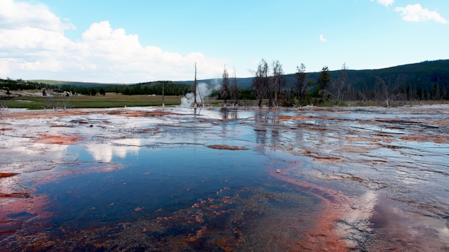 A geothermal area with a reflective pool of water featuring vibrant colors ranging from blue to orange. In the background, a few leafless trees stand against the horizon, along with a plume of steam rising from the ground. The sky is partly cloudy and the surrounding landscape includes forested hills and open grassy fields.
