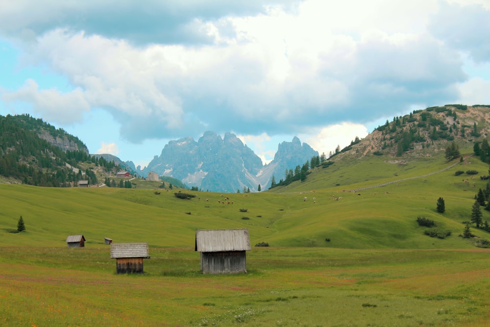 brown wooden house on green grass field near mountains under white clouds during daytime