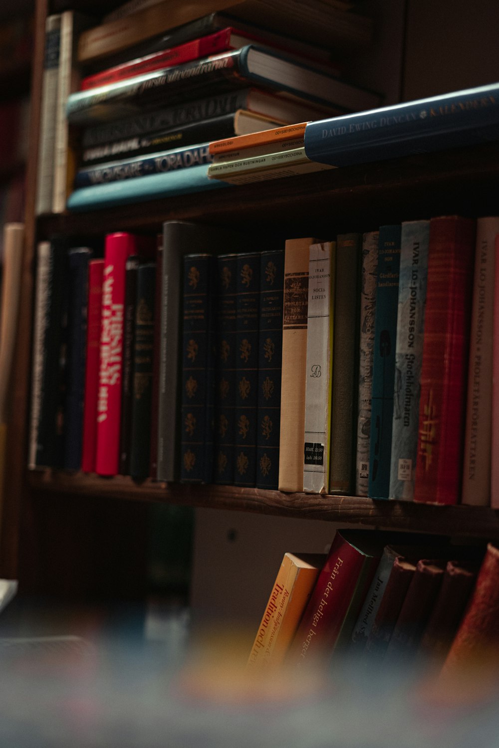 books on brown wooden shelf