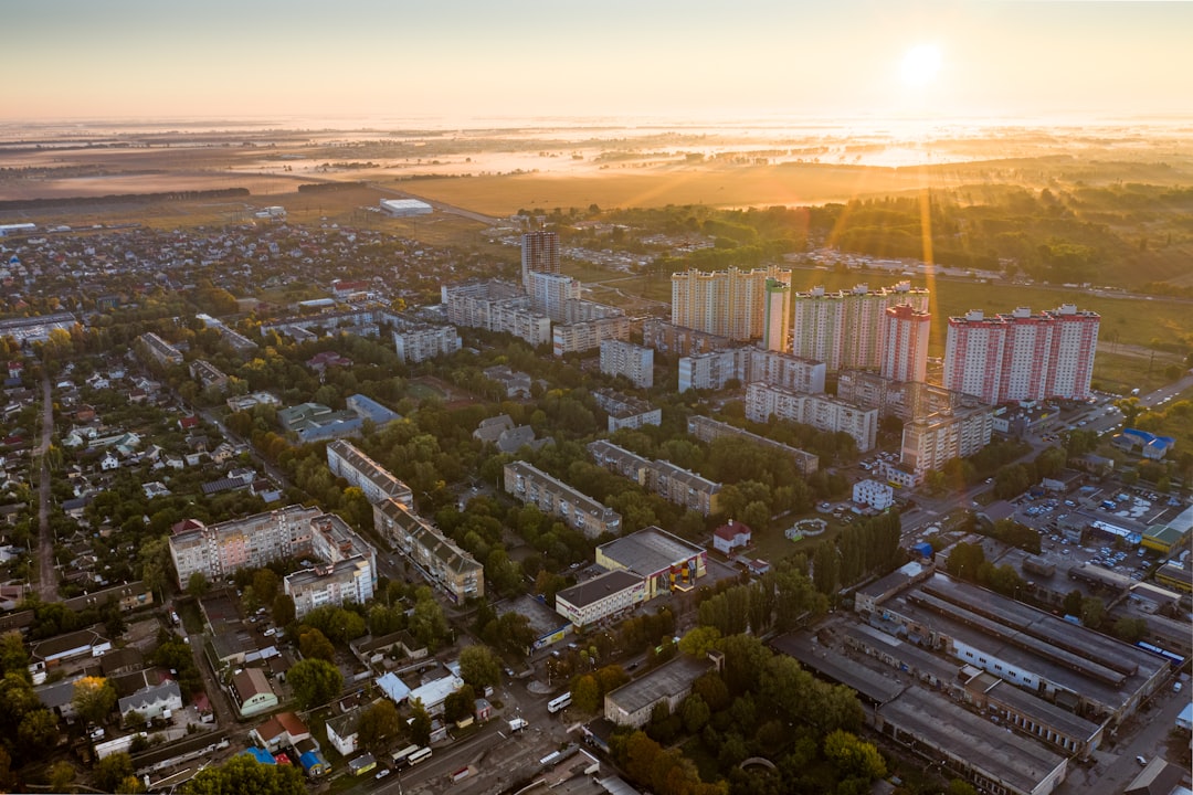 aerial view of city buildings during sunset