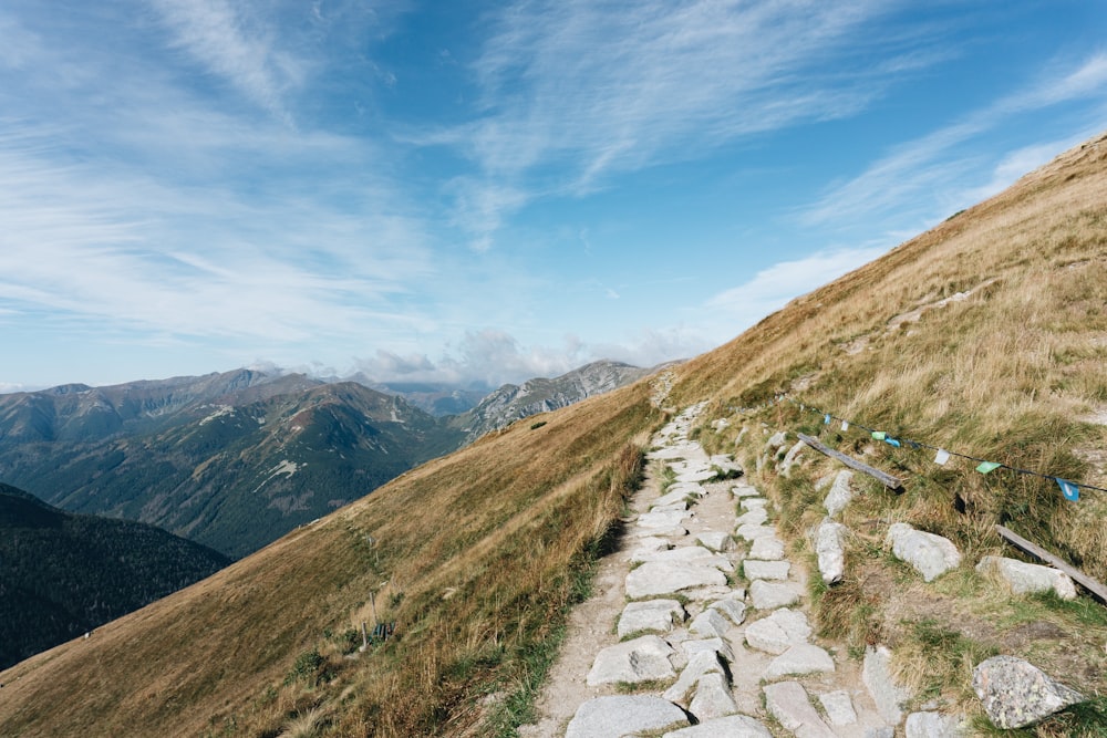 montagnes brunes et vertes sous ciel bleu pendant la journée