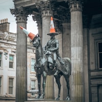 Glasgow’s Duke of Wellington statue with cone—iconic city landmark used in wedding films