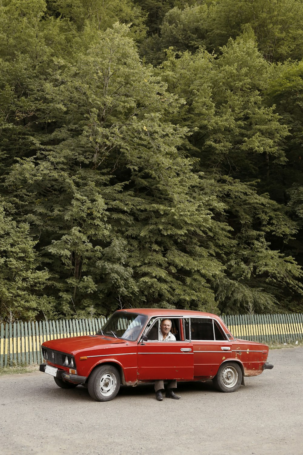 red car parked near green trees during daytime