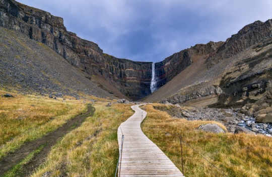 brown wooden pathway on green grass field near brown rocky mountain under white clouds during daytime in Hengifoss Iceland