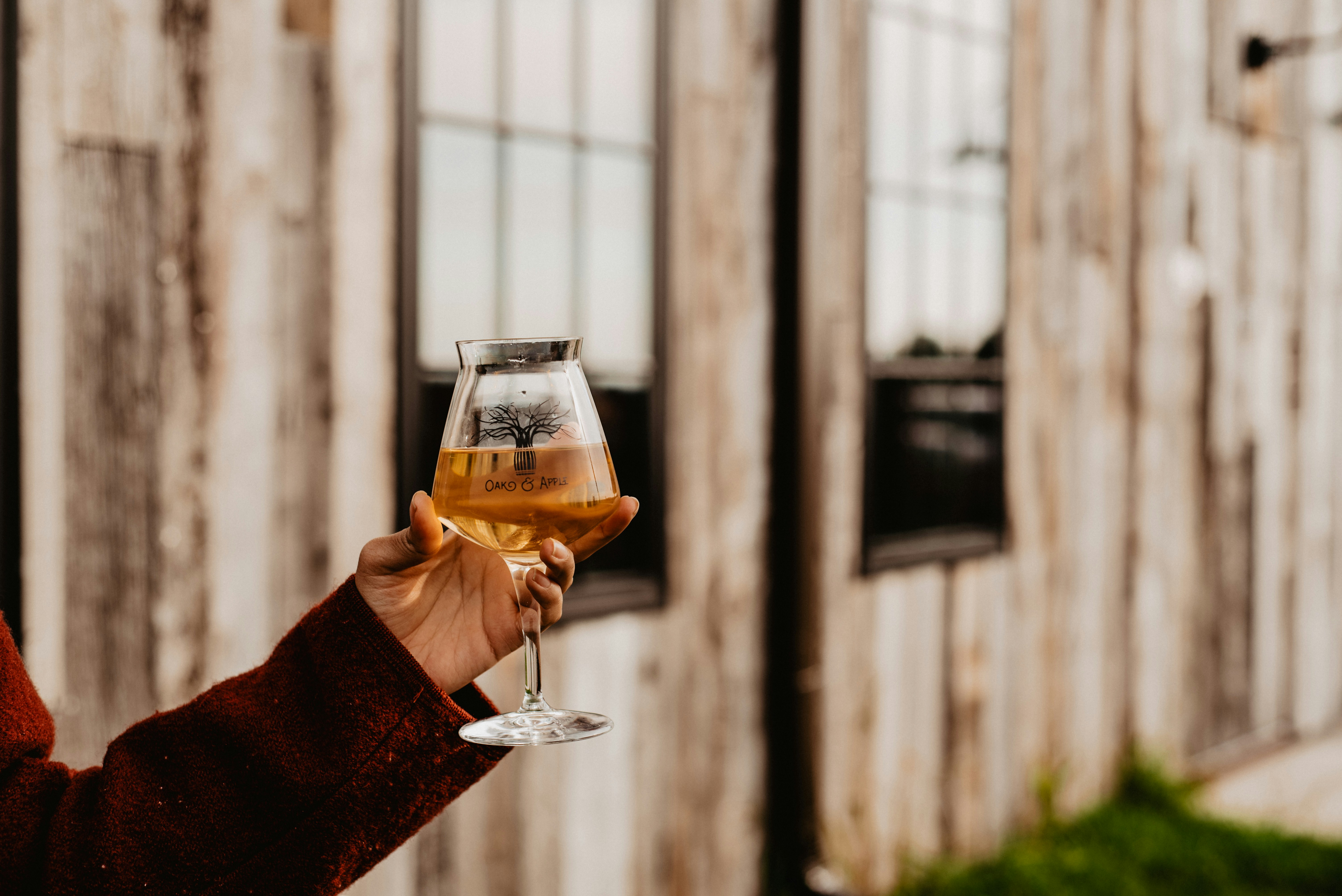 person holding clear wine glass with brown liquid