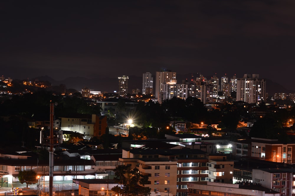 city with high rise buildings during night time