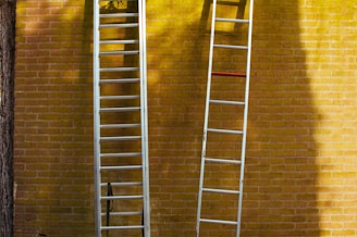 Two aluminum ladders are propped against a yellow brick wall. Shadows from trees and the ladders are visible on the wall, creating an interesting play of light and shadow.