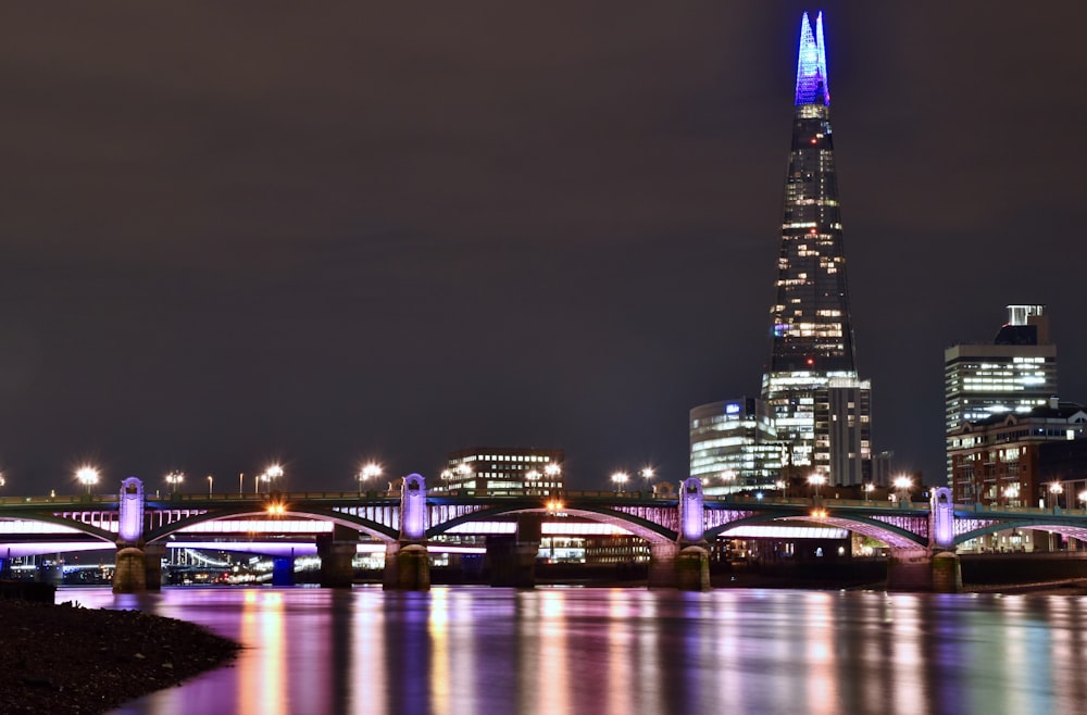 city skyline during night time