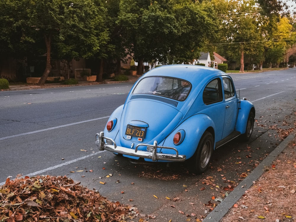 blue volkswagen beetle on road during daytime