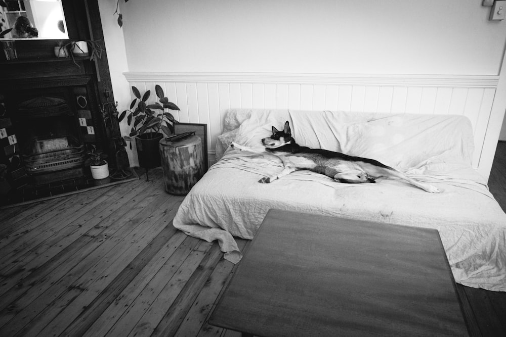 grayscale photo of woman lying on bed