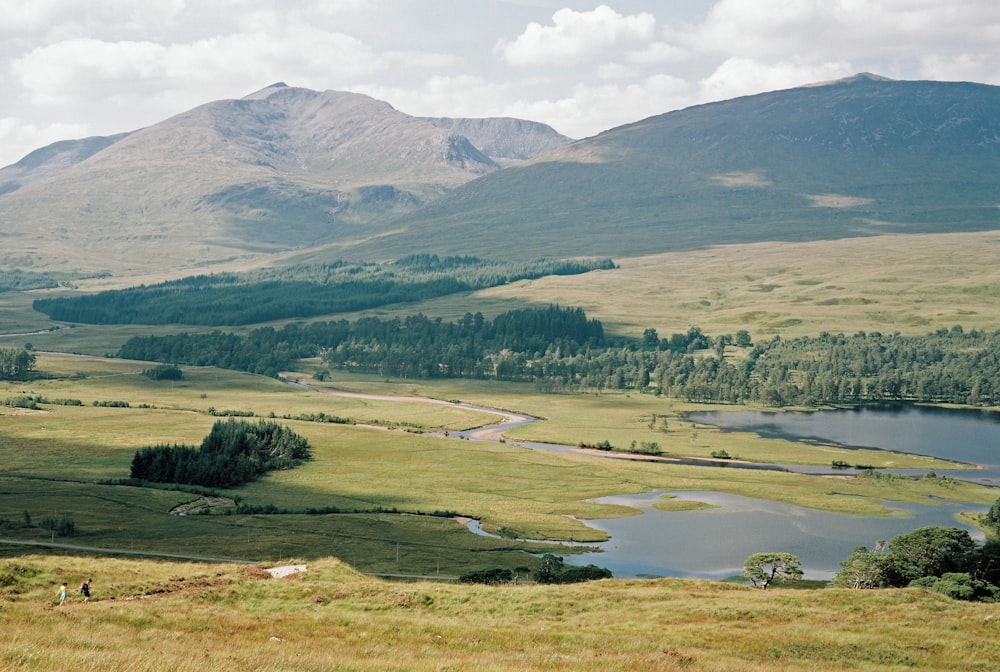 Campo de hierba verde cerca del lago y la montaña durante el día