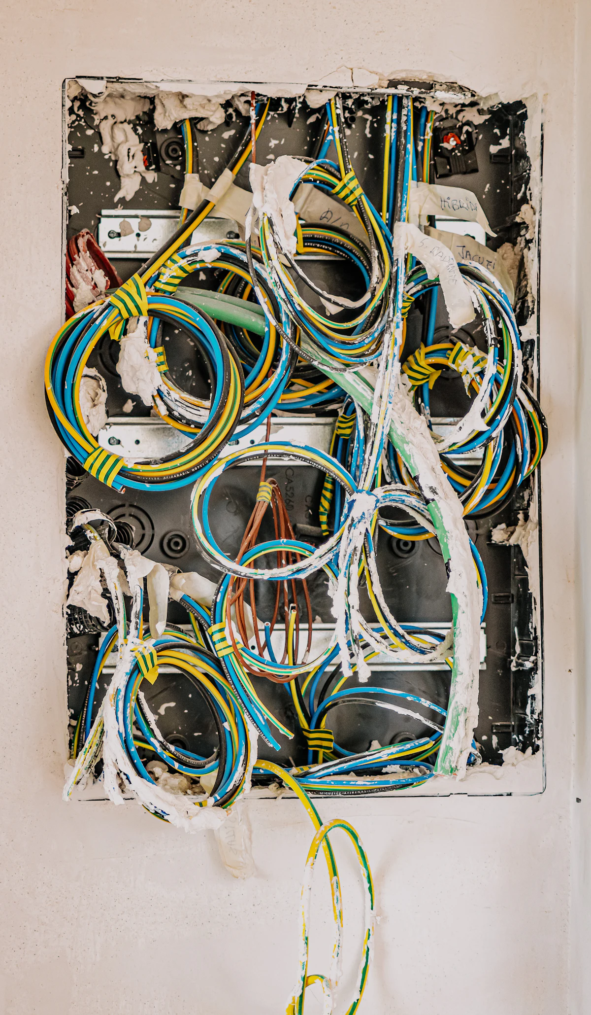 Unmanaged wiring bundled behind an open panel