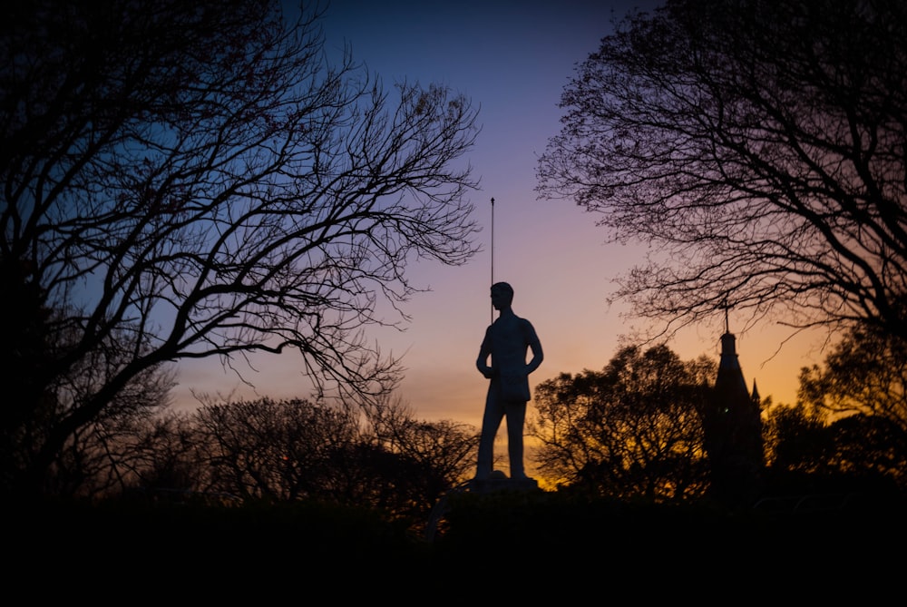 silhouette of man and woman standing on grass field during sunset