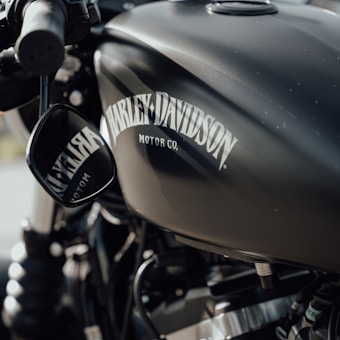 Close-up view of a Harley Davidson motorcycle with its iconic logo prominently displayed on the dark-colored fuel tank. The side mirror reflects the logo in reverse. The bike is well-polished, showcasing its sleek and sturdy design.