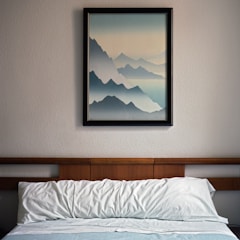 A neatly made bed with white pillows and a blue blanket is situated against a wall. Above the bed, a framed painting depicts layers of blue mountains fading into the horizon, creating a serene and tranquil atmosphere. The bed's headboard is made of wood, complementing the simple and clean decor of the room.