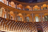 An opulent and historical theater interior featuring wooden arches and seating arranged in a semicircular layout. The architecture is ornate with intricate detailing and paintings adorning the walls. Soft lighting creates a warm ambiance, highlighting the craftsmanship of the wooden structures.