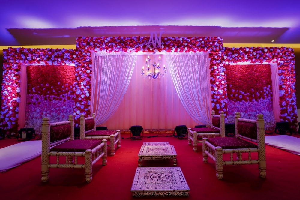 red and green chairs inside room