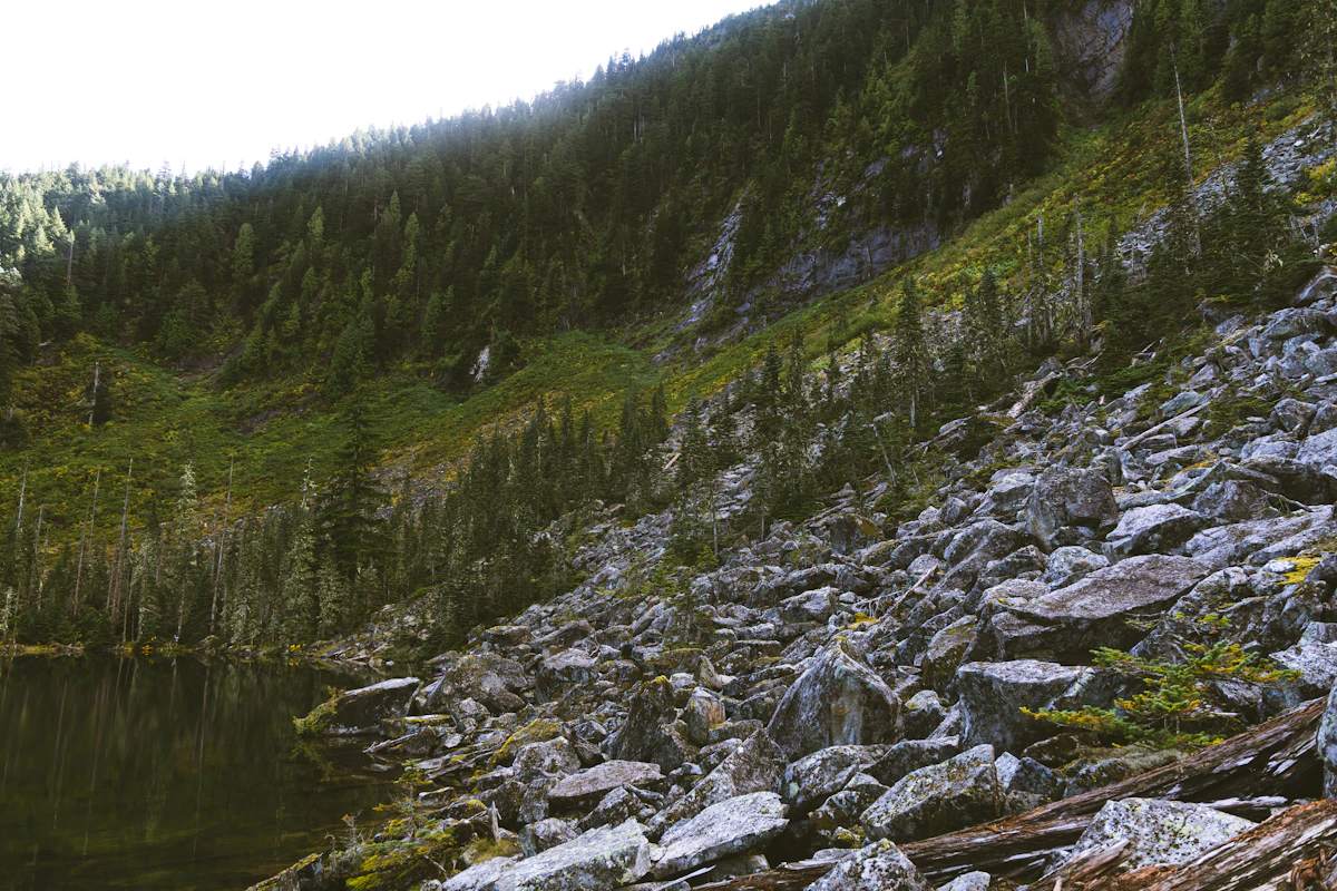 A talus slope and a forested hillside above dark water near Snoqualmie Pass