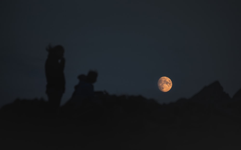 silhouette of people standing under full moon