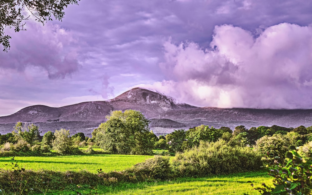 green grass field near mountain under white clouds during daytime