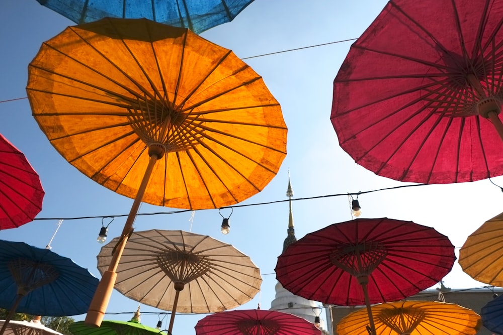 red umbrellas hanging on wire during daytime