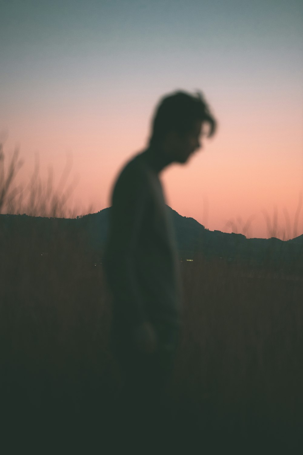 silhouette of man standing on grass field during sunset