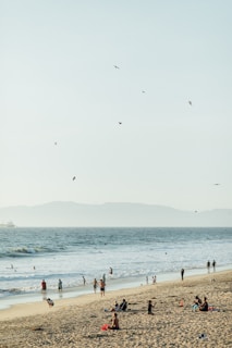A family enjoying a sunny beach day in California.