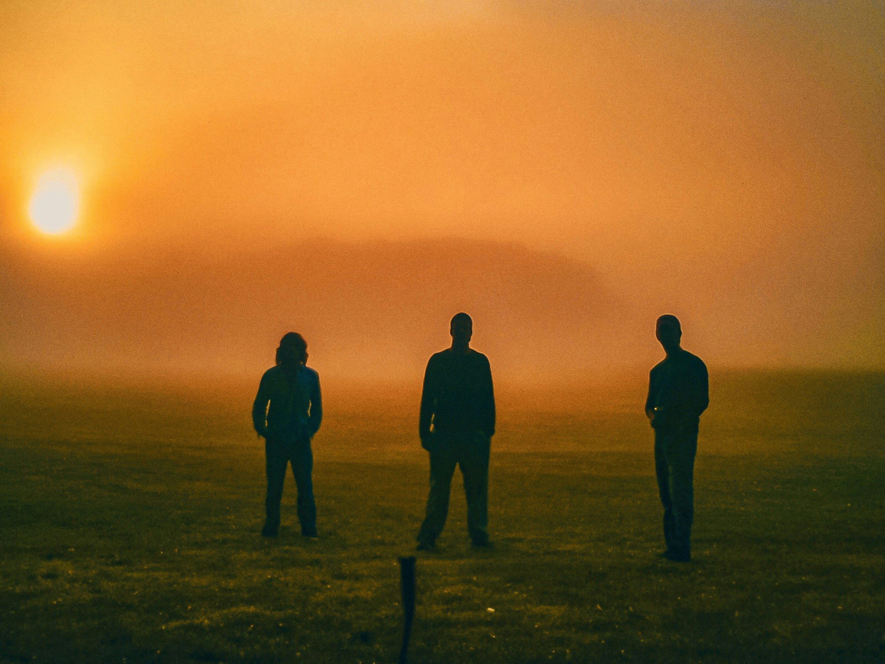 silhouette of 2 men standing on grass field during sunset