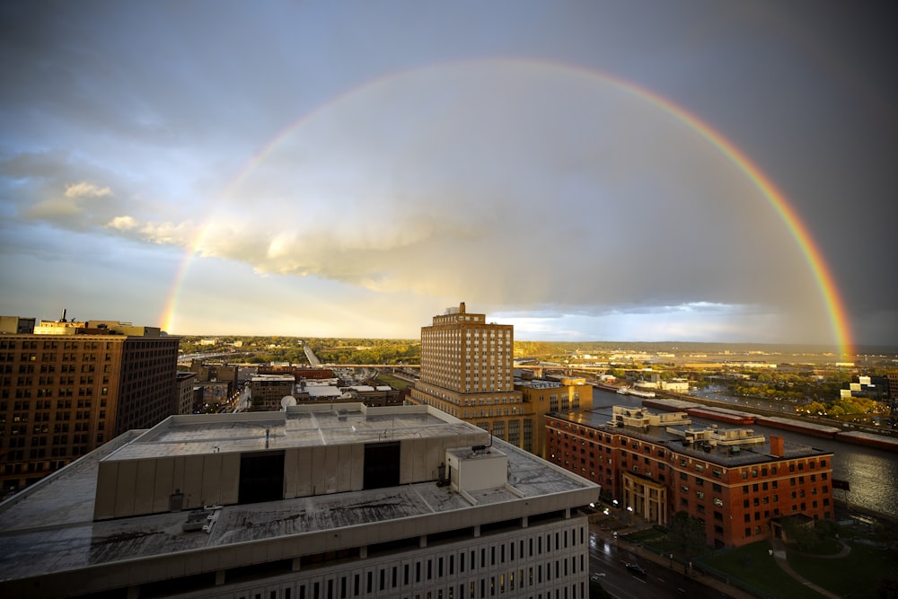 rainbow over city buildings during daytime