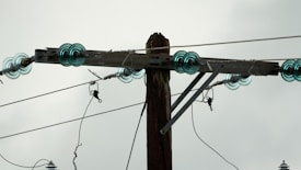 A wooden utility pole supports several electrical insulators made of glass, which are arranged in a circular pattern at the top of the pole. The glass insulators are a light blue-green color, and several wires are attached to them, extending outwards. The background is a cloudy gray sky.