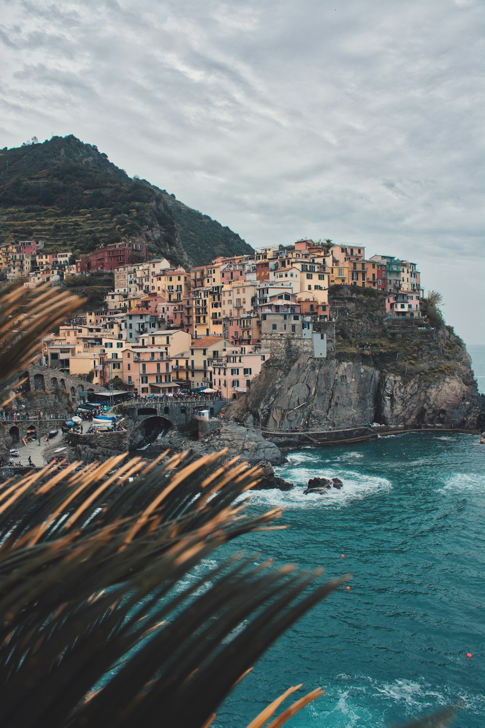 houses on mountain beside sea during daytime