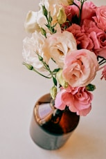 pink and white roses in brown vase