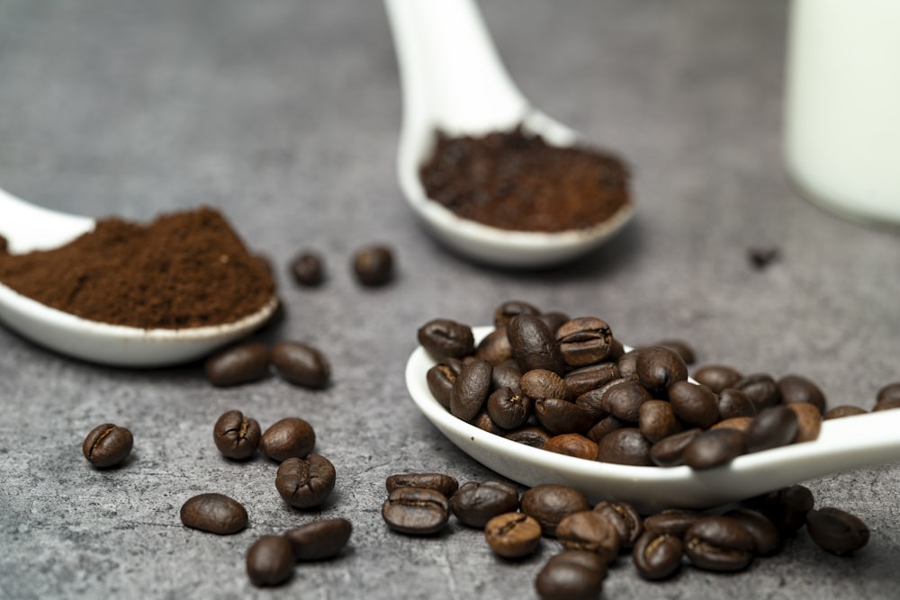 brown coffee beans on white ceramic spoon