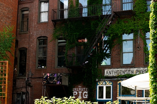 A brick building with multiple windows, partly covered by green ivy. A metal fire escape leads to the upper stories. A neon sign reads 'TATTOO', and a business sign for 'The THIRSTY PIG' is visible. A white canopy tent is set up in front of the building.