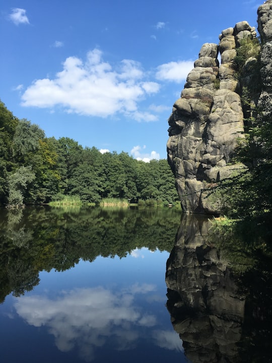 green trees beside lake under blue sky during daytime in Externsteine Germany