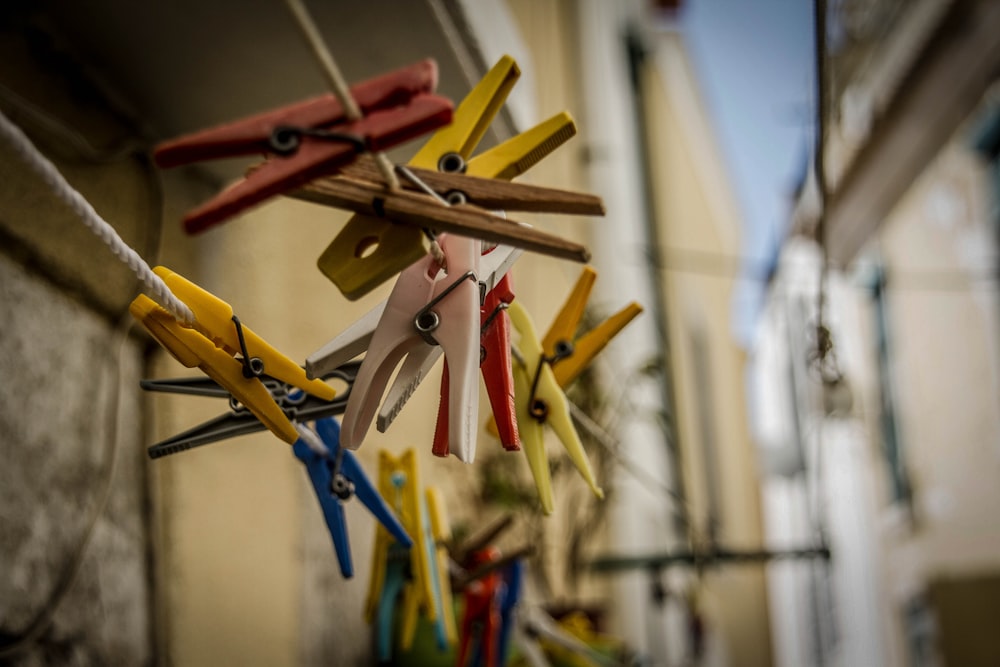 red blue and yellow clothes pin