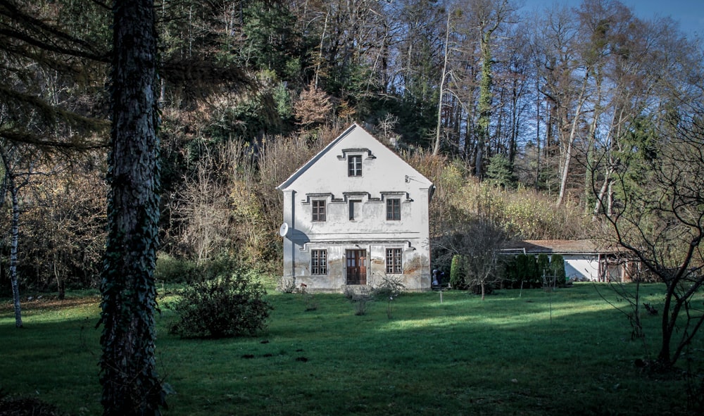 Maison en béton blanc entourée d’arbres