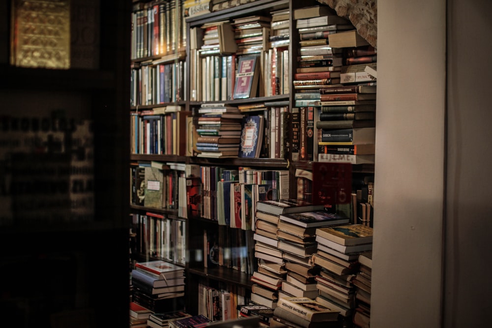 books on brown wooden shelf