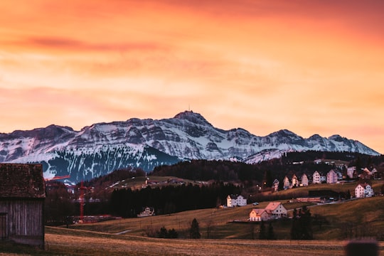 white and brown mountains under orange sky in Säntis Switzerland