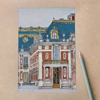 An intricately detailed architectural illustration features a section of a classical European building with ornate balconies and decorative elements. The structure is primarily composed of red brick with white stone accents and a dark blue roof adorned with gold detailing. A light brown wooden door and large windows are visible, along with a depiction of the surrounding roofing.
