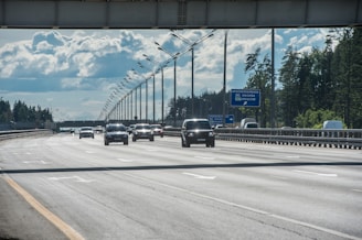 An open highway with multiple cars driving under an overpass. The sky is partly cloudy, and there are trees lining both sides of the road. A road sign is visible, providing directions to Moscow.