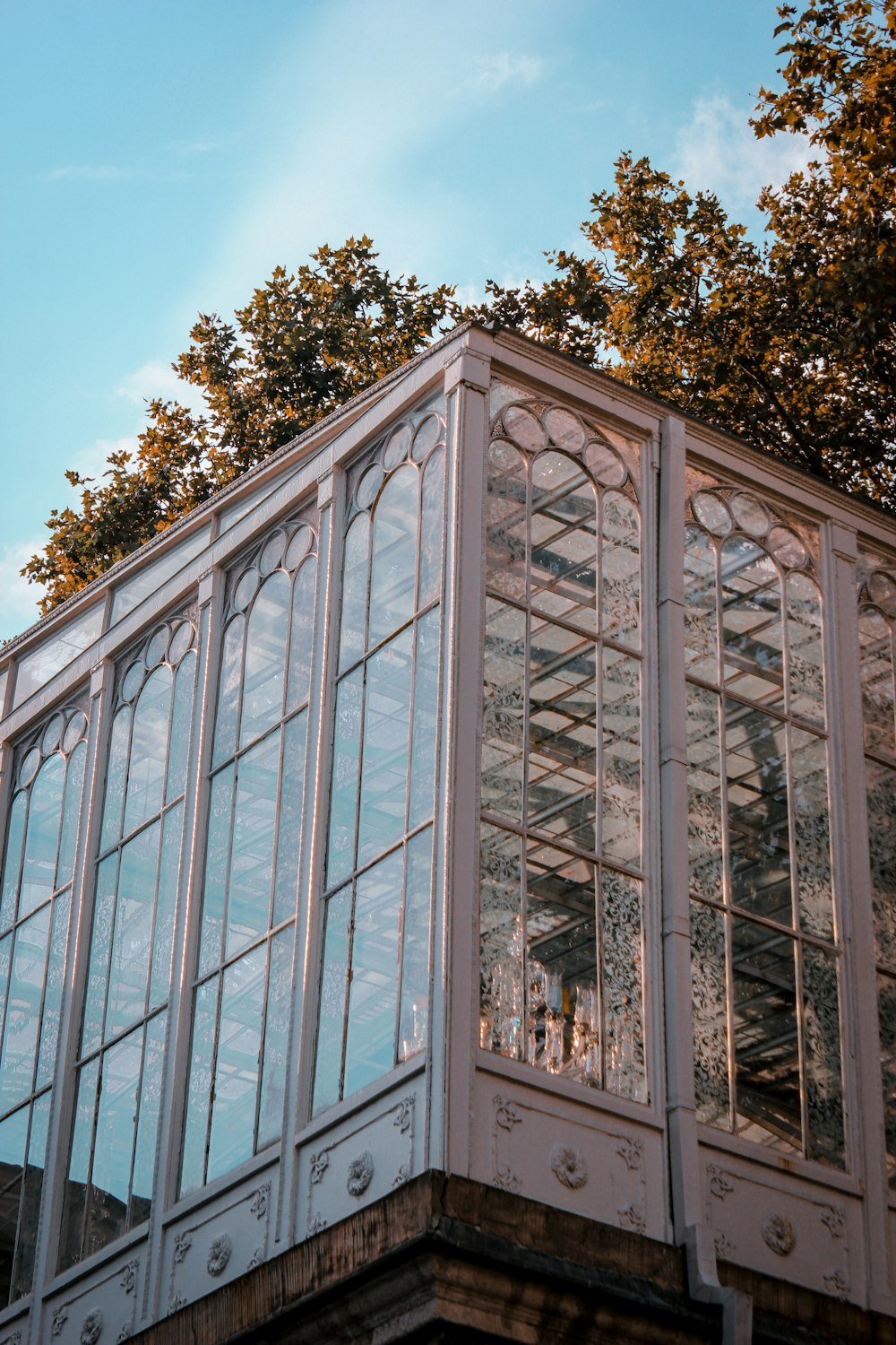 Edificio della finestra in vetro con cornice bianca