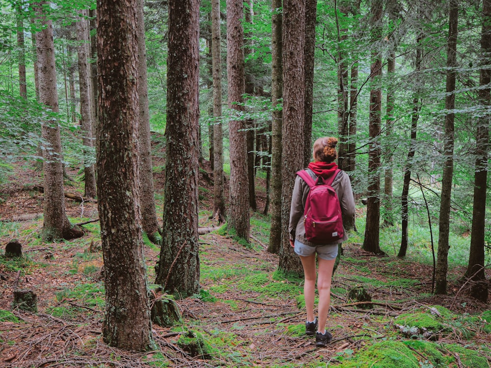 woman in pink hoodie standing in the middle of forest during daytime