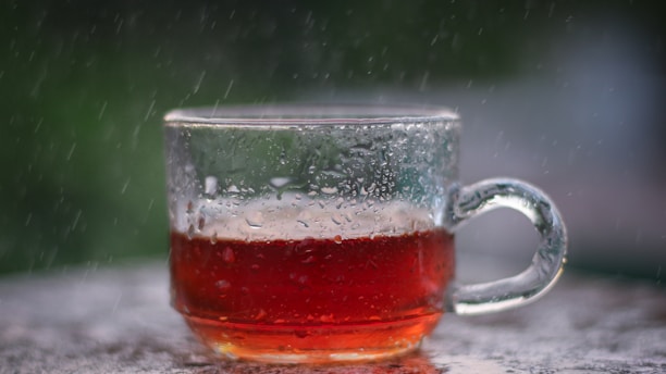 Close-up shot of a glass cup filled with amber-colored sweet Solo tea with condensation drops