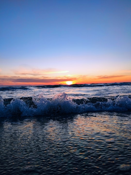 body of water near snow covered ground during sunset in Palanga Lithuania